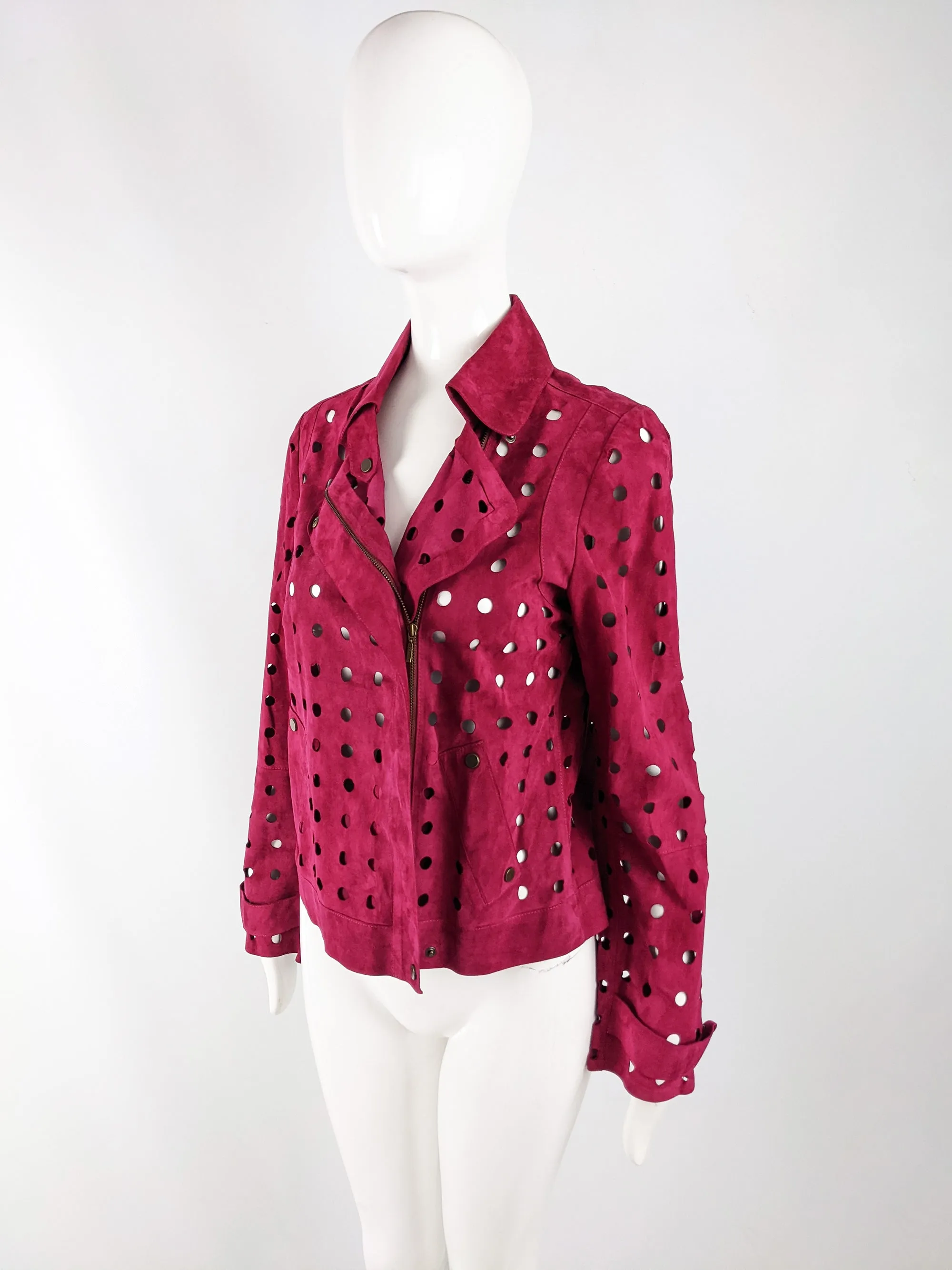 Vintage Laser Cut Out Fuchsia Pink Womens Suede Jacket, 2000s