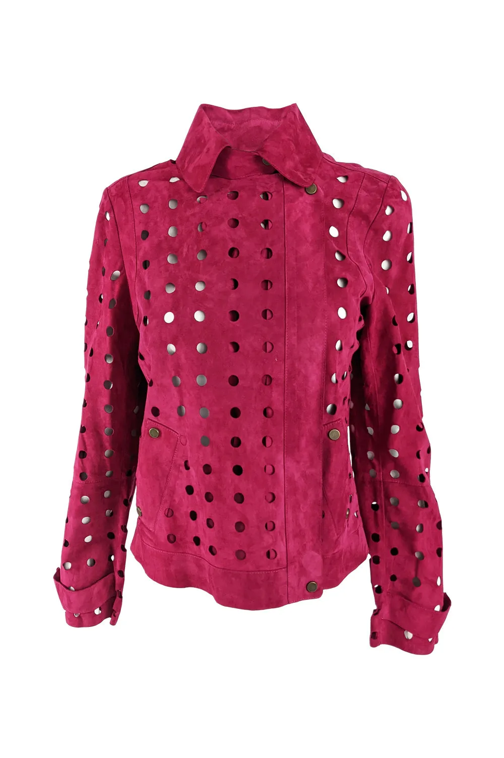 Vintage Laser Cut Out Fuchsia Pink Womens Suede Jacket, 2000s