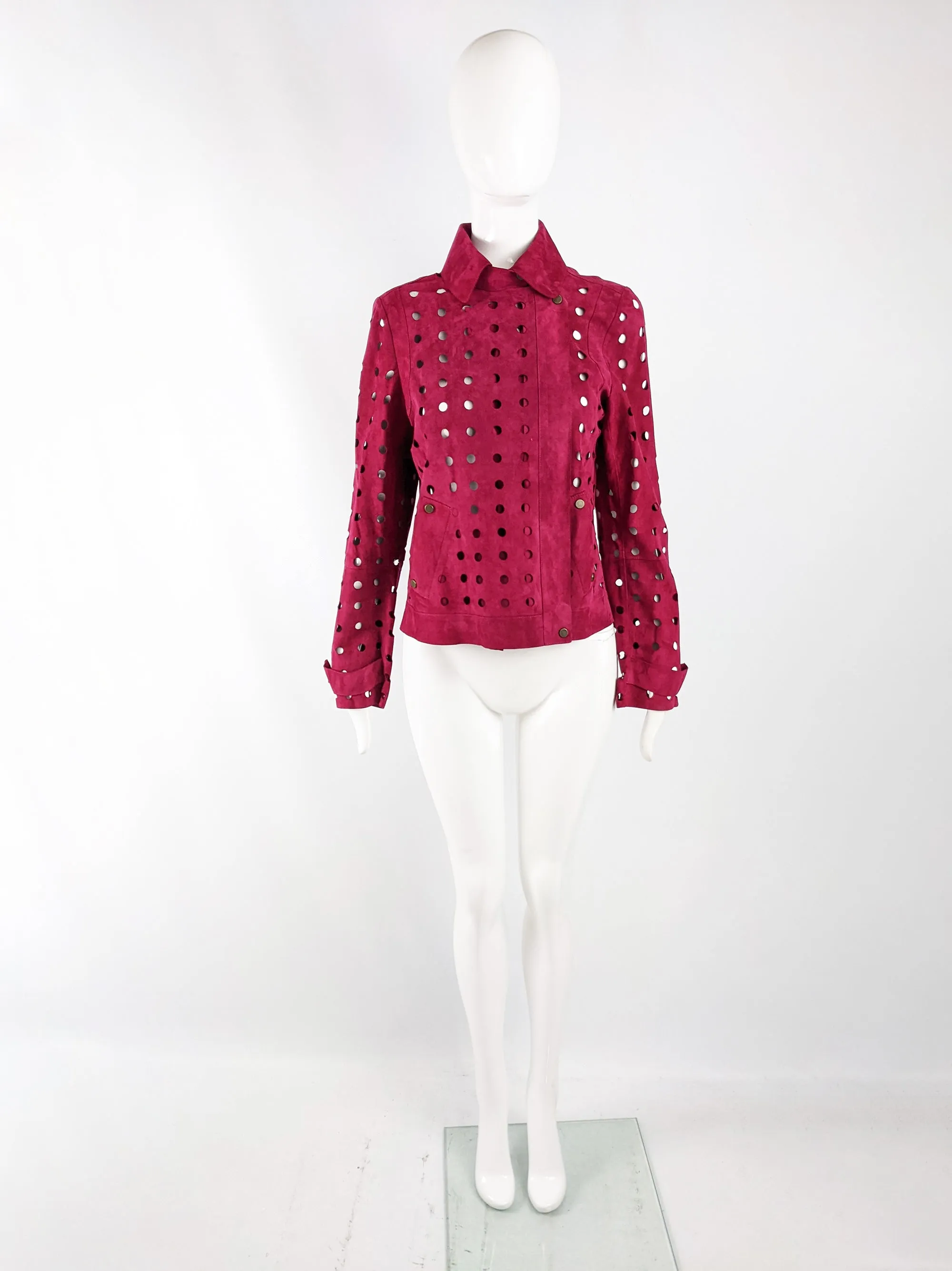 Vintage Laser Cut Out Fuchsia Pink Womens Suede Jacket, 2000s