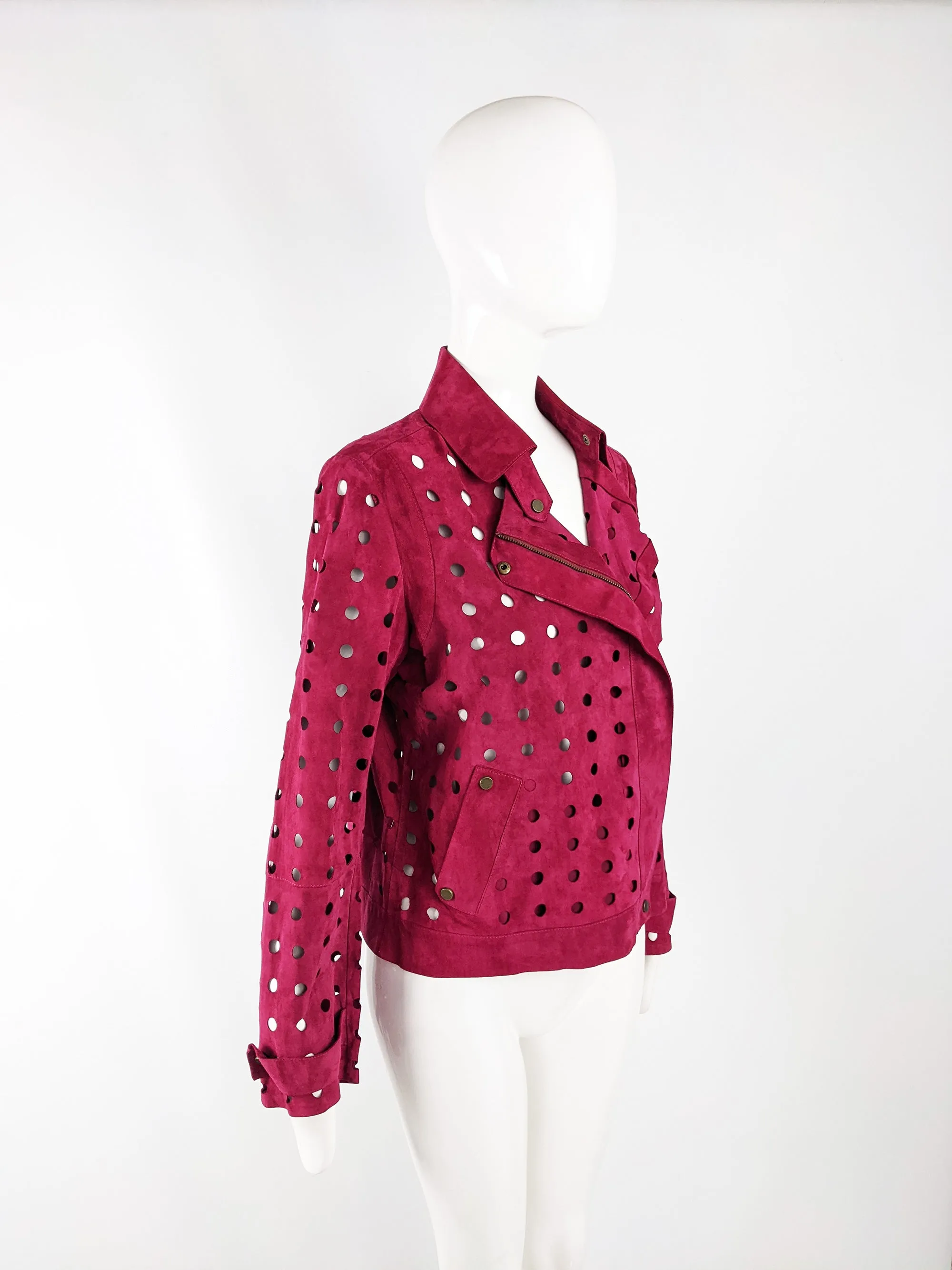 Vintage Laser Cut Out Fuchsia Pink Womens Suede Jacket, 2000s