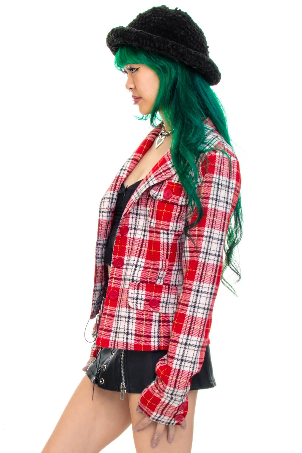 Vintage Y2K Red Plaid Crop Button Jacket - XS/S