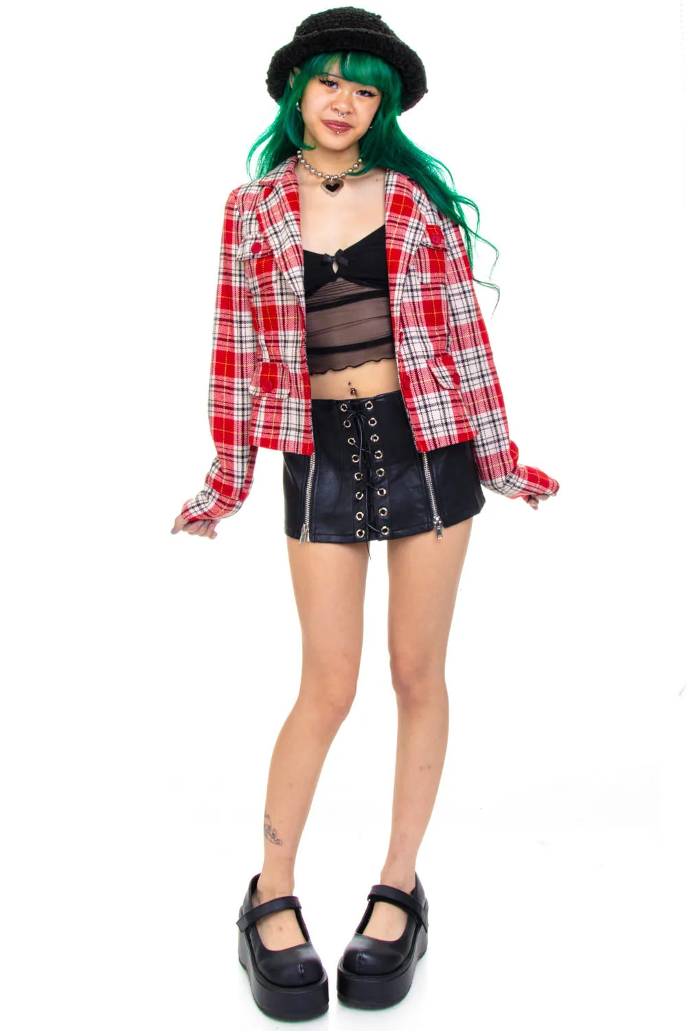 Vintage Y2K Red Plaid Crop Button Jacket - XS/S