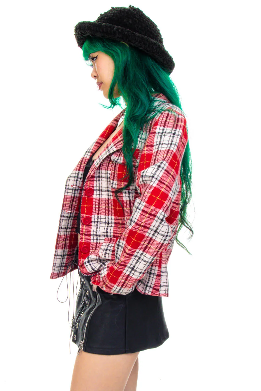 Vintage Y2K Red Plaid Crop Button Jacket - XS/S