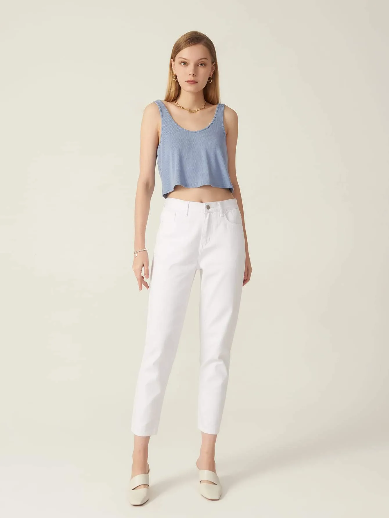 White Cotton High Waist Zipper Fly Cropped Jeans