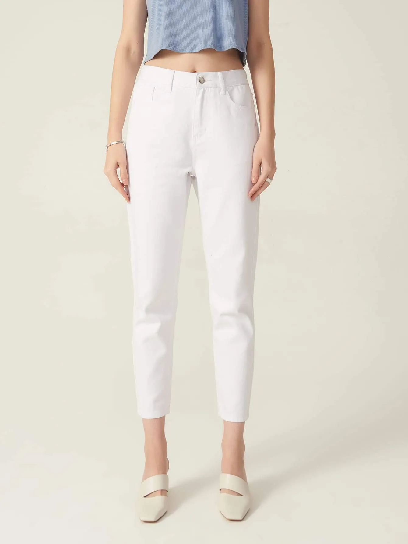 White Cotton High Waist Zipper Fly Cropped Jeans