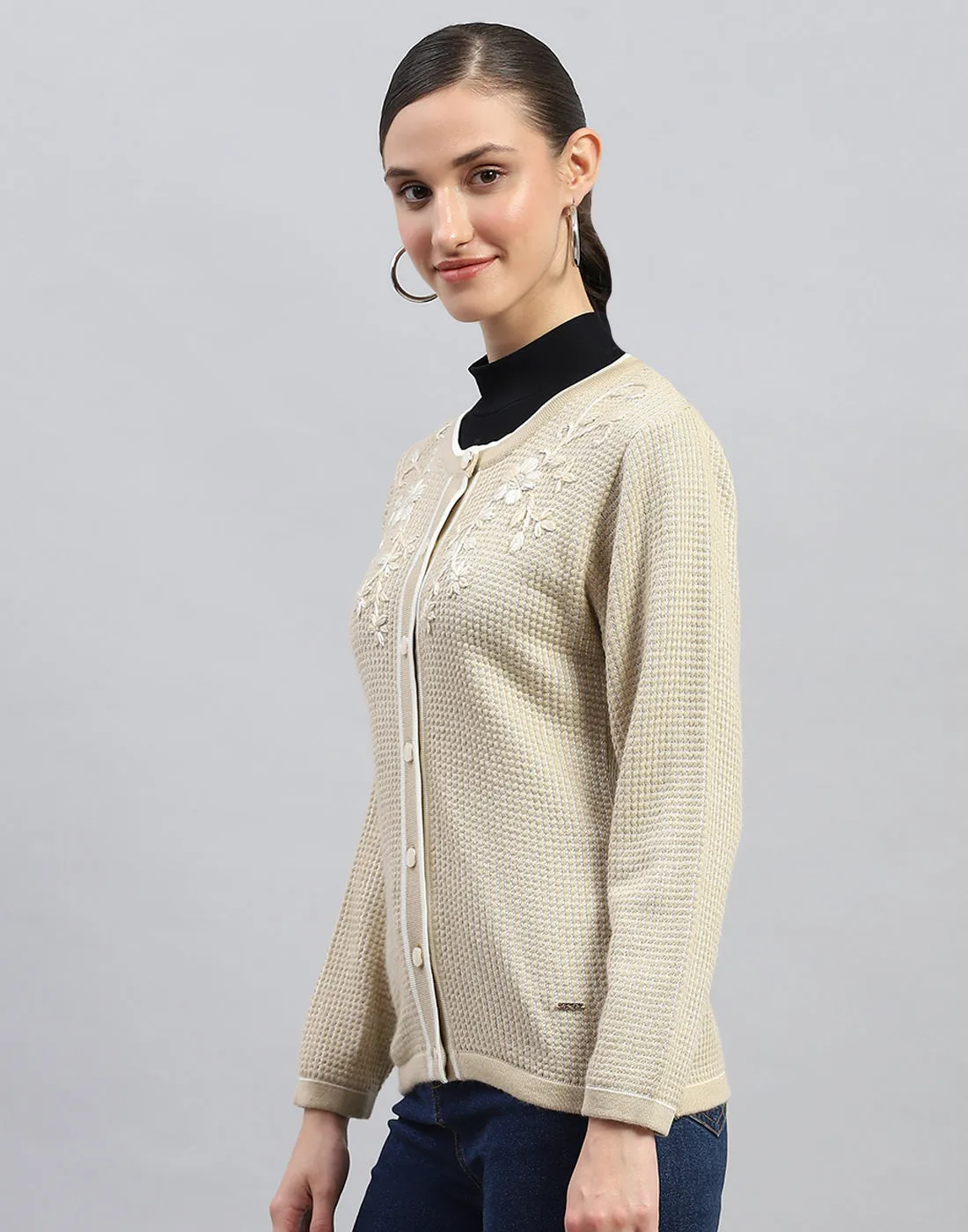 Women Beige Self Design Round Neck Full Sleeve Cardigan