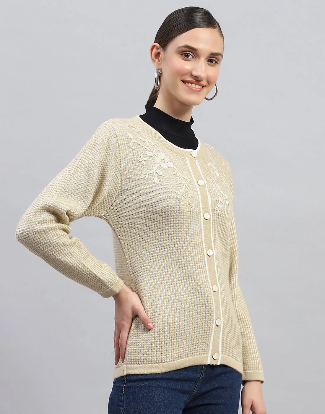 Women Beige Self Design Round Neck Full Sleeve Cardigan