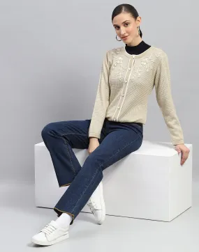 Women Beige Self Design Round Neck Full Sleeve Cardigan