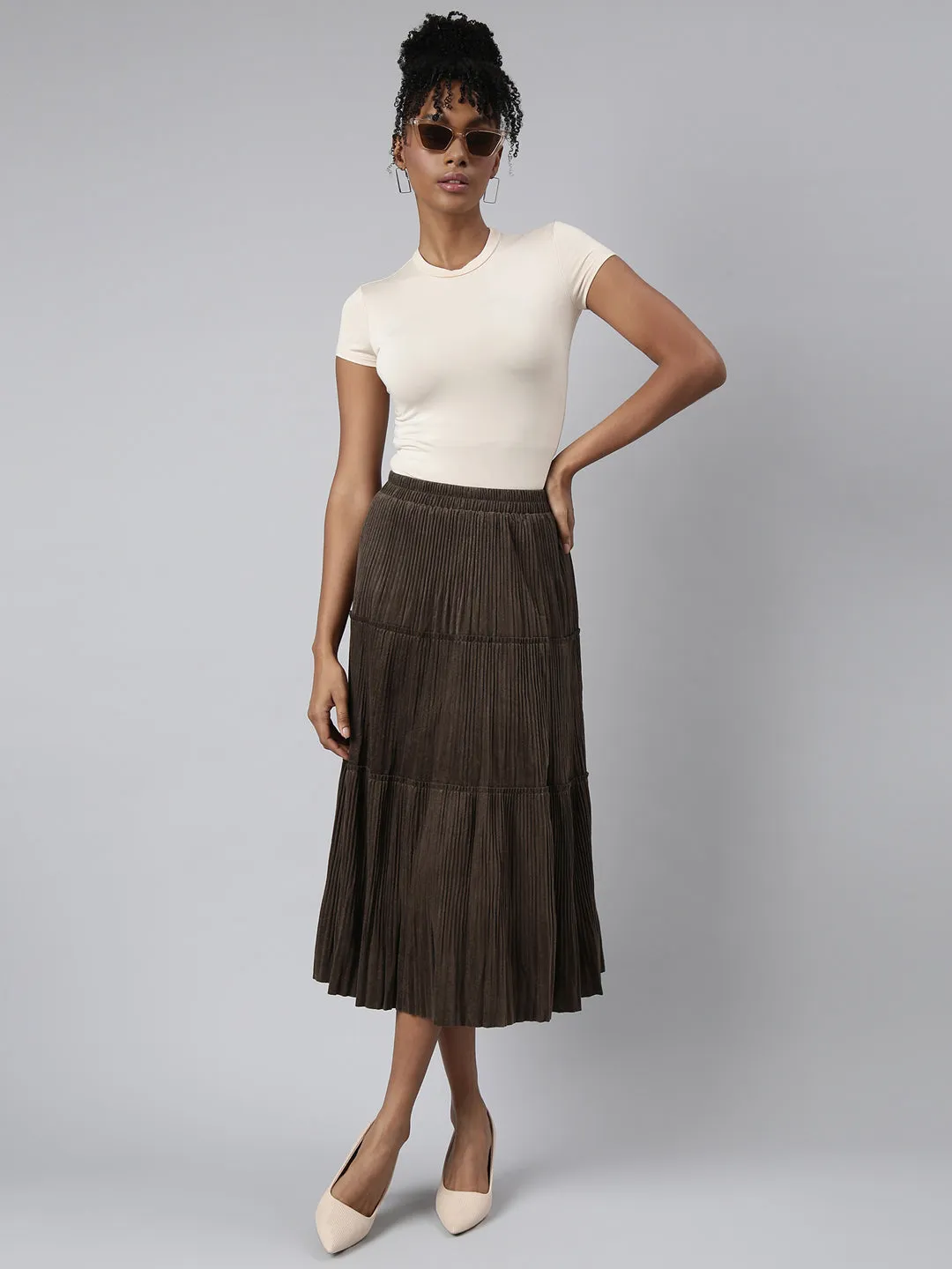 Women Tiered Midi Olive Solid Tiered Skirt