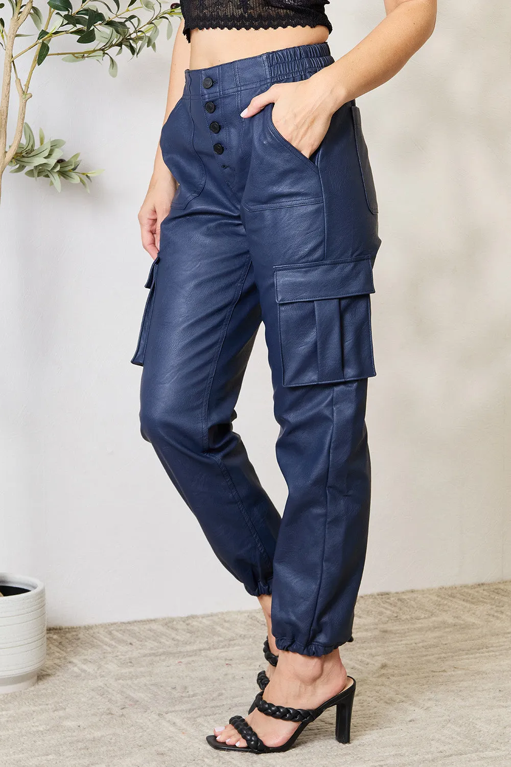 Women's High Waist Faux Leather Cargo Pants