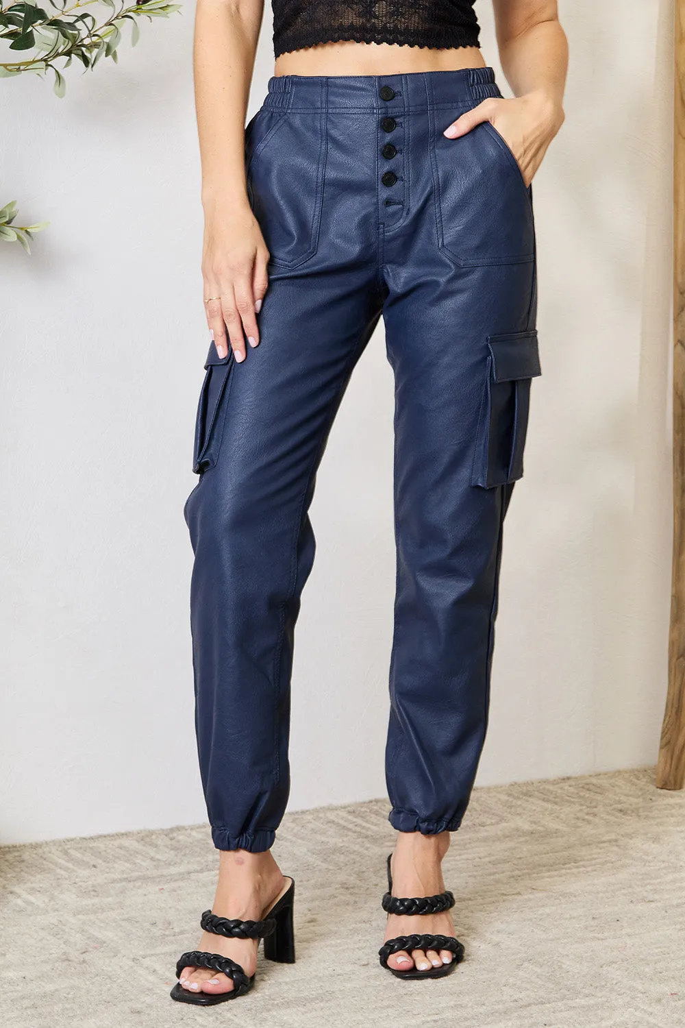 Women's High Waist Faux Leather Cargo Pants