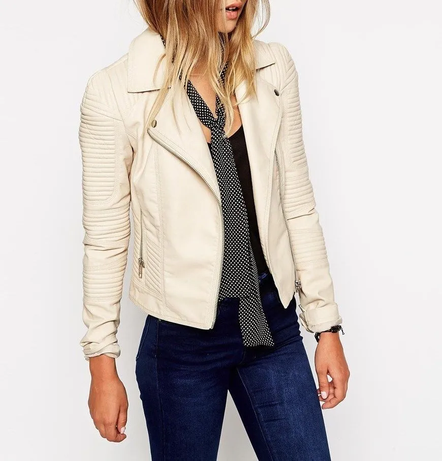 Women's Off White Quilted Leather Jacket WJ039