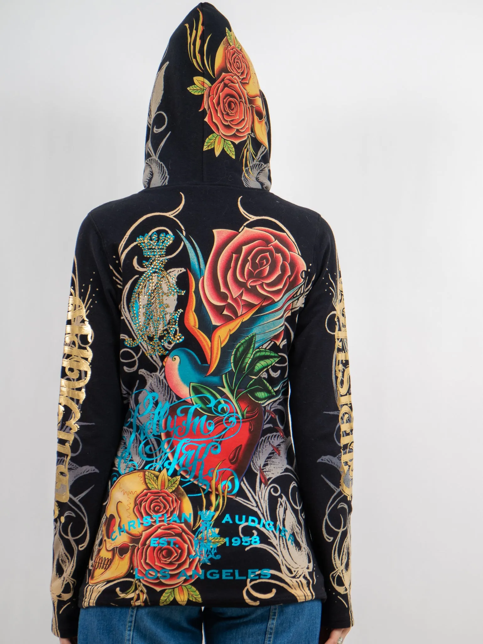 y2k 'christian audigier for ed hardy' zip up hoodie skull hood