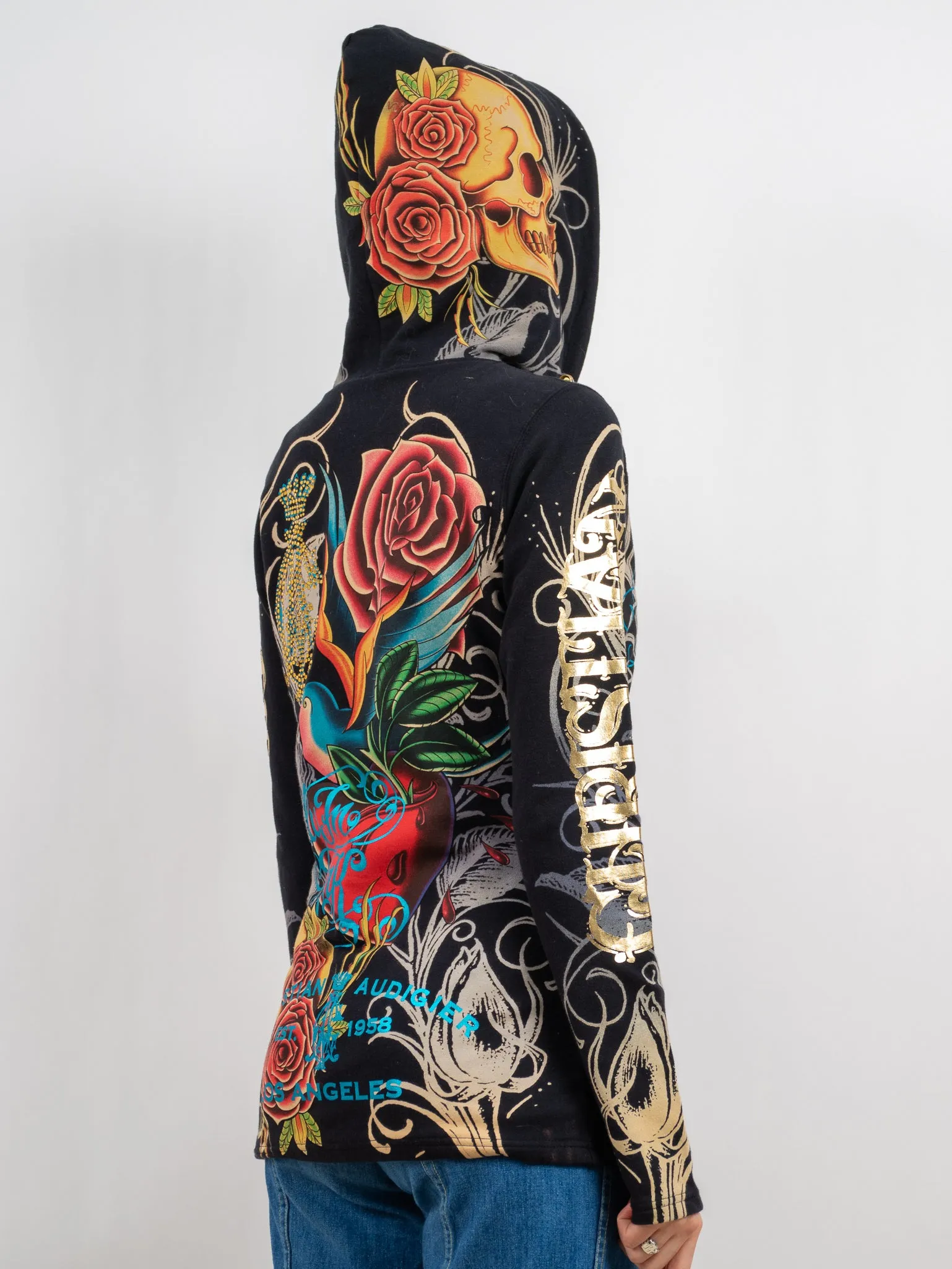 y2k 'christian audigier for ed hardy' zip up hoodie skull hood