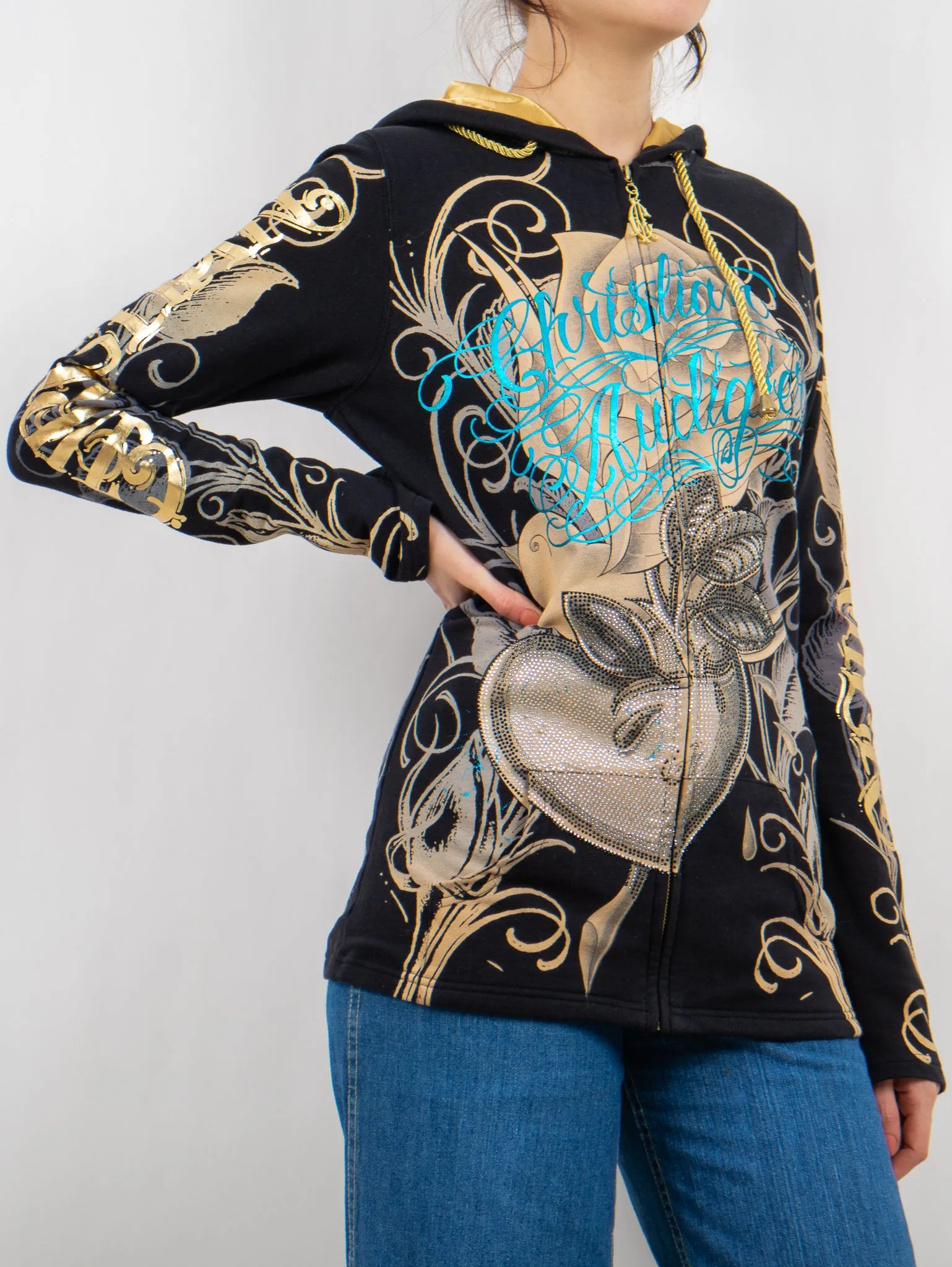 y2k 'christian audigier for ed hardy' zip up hoodie skull hood