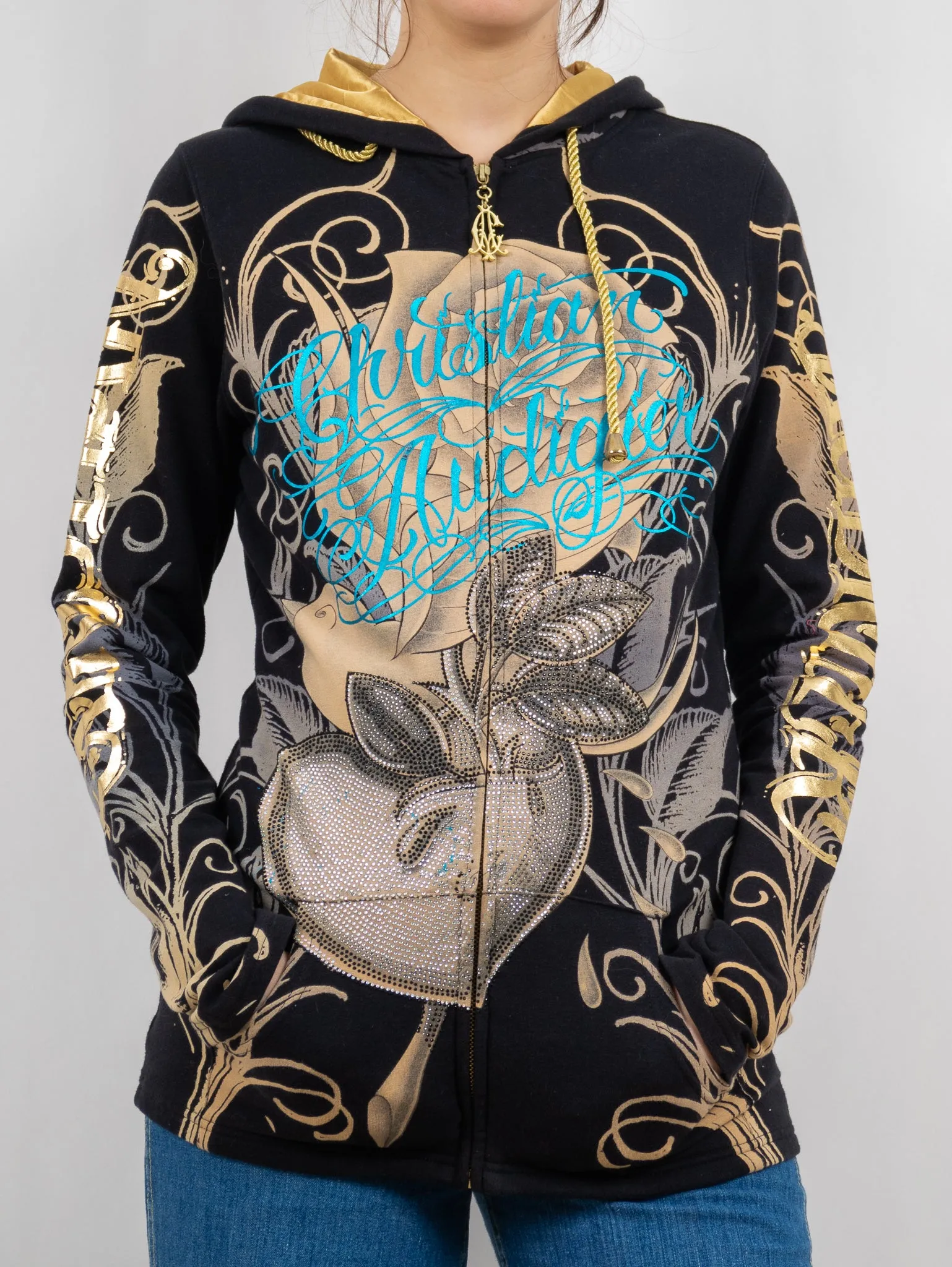 y2k 'christian audigier for ed hardy' zip up hoodie skull hood