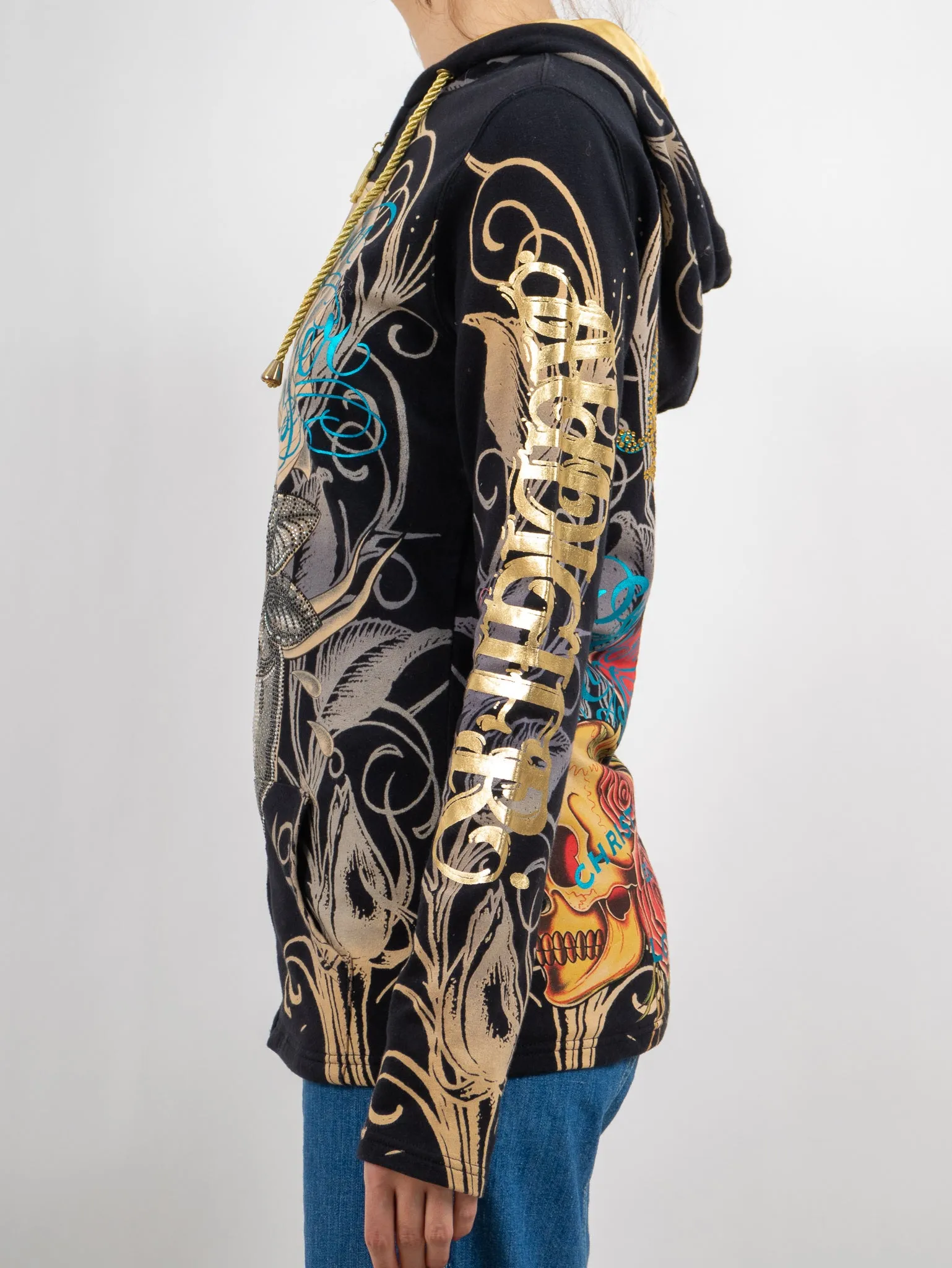 y2k 'christian audigier for ed hardy' zip up hoodie skull hood