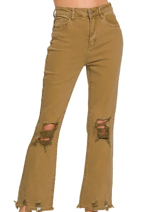 Zenana The Macie Deep Camel High Waist Distressed Straight Pants